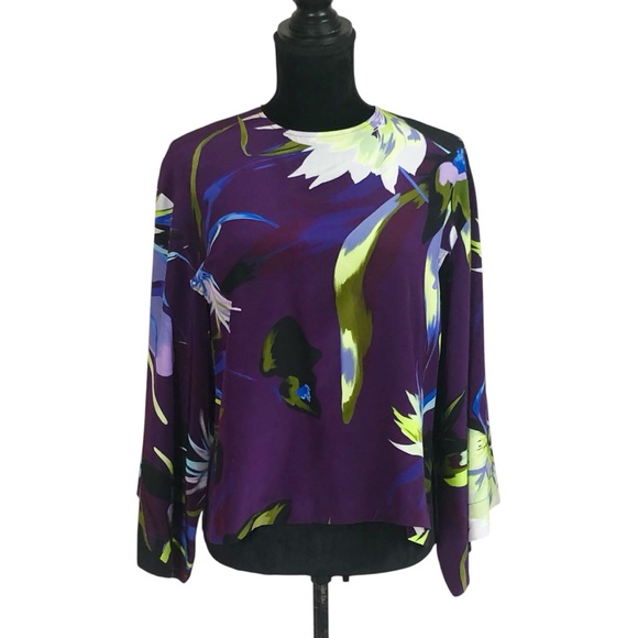Psophia Tops - Psophia Silk Blouse with Flower Print in Violet Size Small
